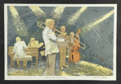 Lot 174 - Penny Berry Paterson (1941-2021) four prints - two screen prints both 'Monday Night at the Mercury', signed and numbered 1/25 and 7/25, both images 54cm x 36cm in glazed frames, together with two l...