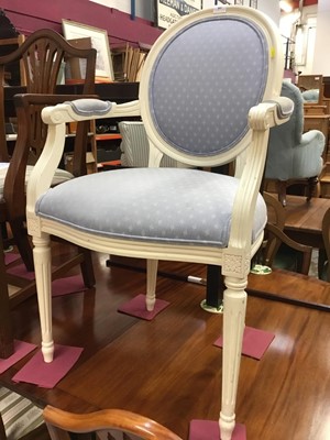 Lot 947 - Contemporary white painted framed elbow chair with pale blue upholstery