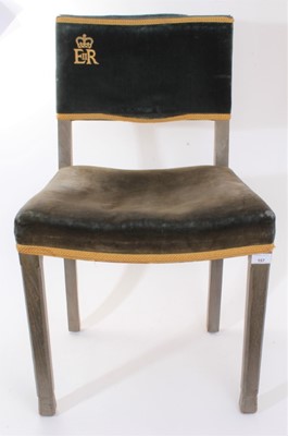 Lot 157 - The Coronation of H.M. Queen Elizabeth II 1953, Coronation chair with blue velvet upholstery and gold bullion embroidered Crowned ER II ciphers to back, limed oak frames with official stamps to bas...