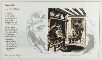 Lot 175 - Penny Berry Paterson (1941-2021) six prints and one watercolour - original signed linocut 'November' , image 36cm x 21cm, in glazed frame; linocut - Sheep in the Snow, signed and numbered 10/20, im...