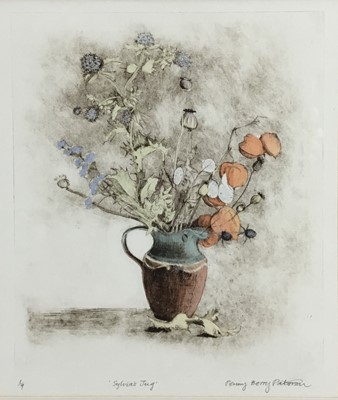 Lot 180 - Penny Berry Paterson (1941-2021) three works - hand-coloured drypoint - Sylvia's Jug, signed and numbered 1/4, 26cm x 32cm, in glazed frame; watercolour - Spindleberries, signed and dated Nov '82,...