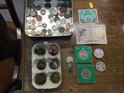 Lot 440 - Group of GB and World coins and two French bank notes.