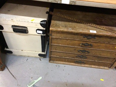Lot 566 - Five drawer wooden chest with vintage Meccano parts, plus wooden chest