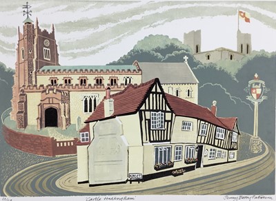 Lot 185 - Penny Berry Paterson (1941-2021) two colour linocut prints - 'Castle Hedingham', signed titled and numbered 13/20, image 42cm x 30cm, unframed together with 'Sudbury Quay', signed titled and number...