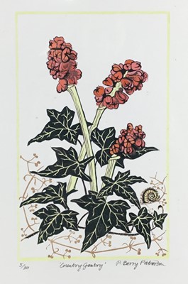 Lot 186 - Penny Berry Paterson (1941-2021) three colour linocut prints - 'Country Gentry', signed and numbered 5/30, image 18cm x 29cm, unframed; 'Jood and Della's Gourds', signed and numbered 4/20, 31cm x 2...