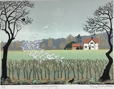 Lot 189 - Penny Berry Paterson (1941-2021) colour linocut print - 'Stour Valley Spring', signed and numbered 4/10, image 36cm x 27cm, unframed.