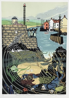 Lot 191 - Penny Berry Paterson (1941-2021) colour linocut - 'Going Back, Eyemouth' (Eyemouth disaster 1881) signed and numbered 8/30, artists notes verso, image 32cm x 46cm, unframed.