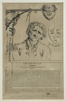 Lot 73 - Late 18th century anonymous printed political cartoon on Thomas Paine - The End of Pain, dated 1794 in pen and indistinctly signed, 26 x 16cm