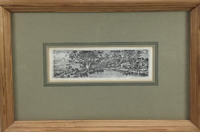 Lot 2 - John Crome (1768-1821) etching - Farm Buildings by a pool, 5 x 17.5cm, glazed frame, William Weston Gallery label verso
