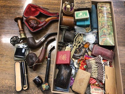 Lot 398 - Group of pipes, coins, three empty antique jewellery boxes, vintage sewing set and other items