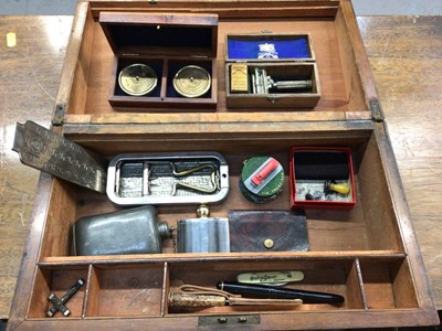 Lot 393 - Mahogany writing slope containing vintage razor, pen and sundries