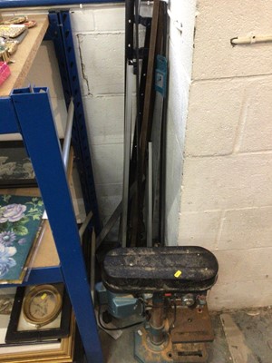 Lot 226 - Quantity of tools, including a Clarke CDP 5DC bench drill, a Kinzo saw, Bosch drill and planer, clamps, etc