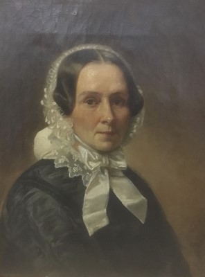 Lot 280 - Continental School, 19th century, oil on canvas, half length portrait of a woman wearing white bonnet, inscribed to stretcher, 41 x 34cm, framed, together with an oil on panel scene of a Continenta...