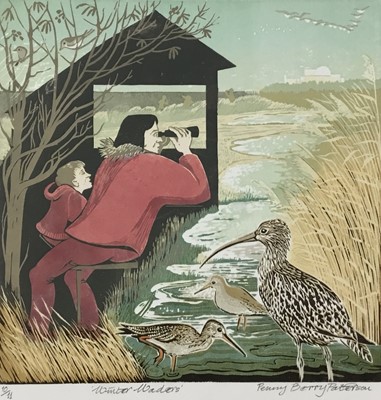 Lot 22 - Penny Berry Paterson (1941-2021) colour linocut print, Winter  Waders