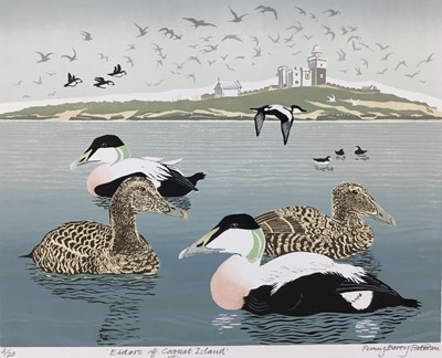 Lot 78 - Penny Berry Paterson (1941-2021) colour linocut print, Eiders off Coquet Island, signed inscribed and numbered 3/20, image 32 x 41cm, together with another 'Catching the Catch', 5/30, 33cm x 41cm.