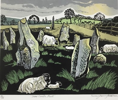 Lot 82 - Penny Berry Paterson (1941-2021) colour linocut, stone circle, Mull