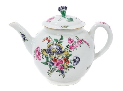Lot 209 - A Worcester polychrome teapot and cover, circa 1770