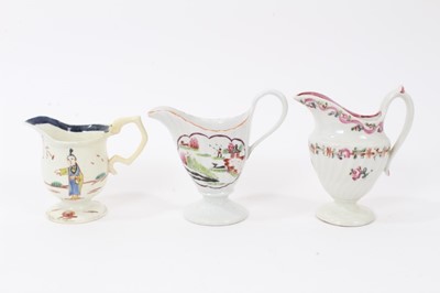 Lot 216 - A Chamberlain's Worcester 'Stag Hunt' pattern helmet shaped jug, circa 1800, a 'Factory X' helmet shaped jug, and a Liverpool jug