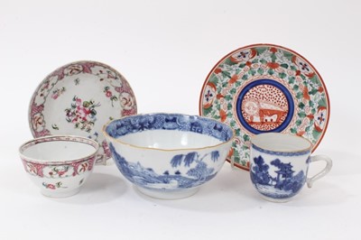 Lot 117 - A Chinese Export blue and white bowl, a similar coffee cup, a New Hall type tea bowl and saucer, and a Minton 'Crazy Cow' pattern saucer
