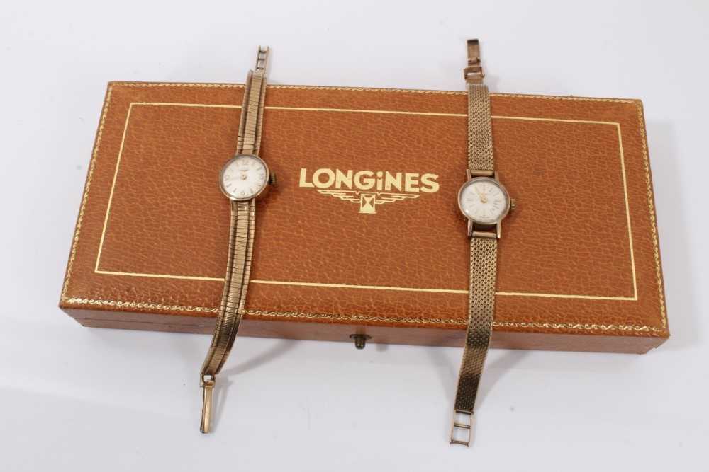 Lot 736 - Two Ladies Longines 9ct gold wristwatches on gold bracelets