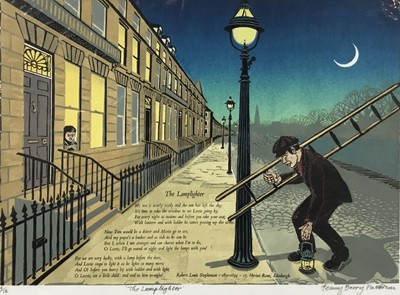 Lot 79 - Penny Berry Paterson (1941-2021) colour linocut print, The lamp lighter, signed inscribed and numbered 4/12 image 31 x 44cm