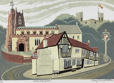 Lot 80 - Penny Berry Paterson (1941-2021) colour linocut print, Castle Hedingham, signed inscribed and numbered 9/20 image 30 x 42cm