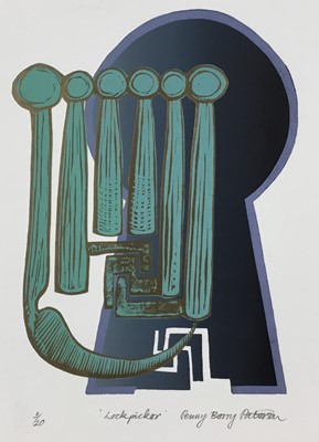 Lot 136 - Penny Berry Paterson (1941-2021) colour linocut print, Lockpicker, signed inscribed and numbered 3/20 image 26 x 17cm, together with two others by the same hand