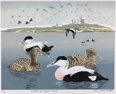 Lot 138 - Penny Berry Paterson (1941-2021) colour linocut, Eiders off Coquet Island, signed, inscribed and numbered 20/20, 32 x 41cm