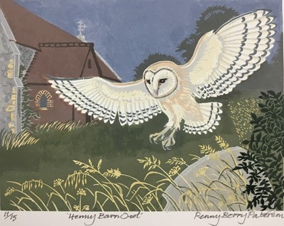 Lot 134 - Penny Berry Paterson (1941-2021) colour linocut print, Henny Barn Owl, signed inscribed and numbered 11/15, image 17 x 22cm, together with two others by the same hand
