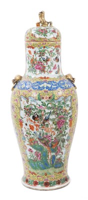 Lot 151 - Large 19th century Chinese famille rose porcelain vase and cover, of baluster form, decorated with panels of flowers, birds and insects on a yellow patterned ground, with moulded mask and ring hand...