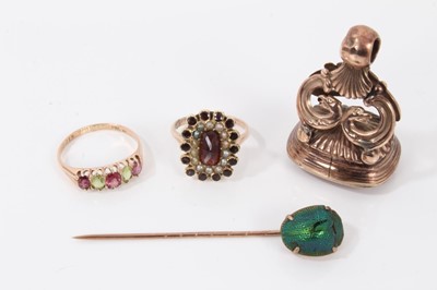 Lot 62 - Antique yellow metal seal fob, scarab beetle stick pin and two gold rings