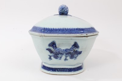 Lot 155 - Chinese blue and white export porcelain tureen, circa 1800, with Fitzhugh pattern roundels and moulded fruit-form handles, measuring 32cm across