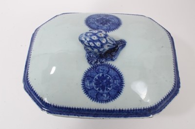 Lot 155 - Chinese blue and white export porcelain tureen, circa 1800, with Fitzhugh pattern roundels and moulded fruit-form handles, measuring 32cm across