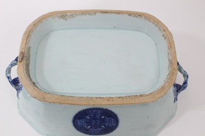 Lot 155 - Chinese blue and white export porcelain tureen, circa 1800, with Fitzhugh pattern roundels and moulded fruit-form handles, measuring 32cm across