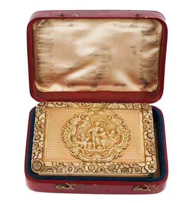 Lot 1 - Fine Georgian silver gilt presentation table snuff box of retangular form with romantic cartouche to lid decorated with huntsman and female admirer with hound and putti, engine turned ground with f...