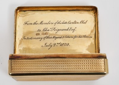 Lot 1 - Fine Georgian silver gilt presentation table snuff box of retangular form with romantic cartouche to lid decorated with huntsman and female admirer with hound and putti, engine turned ground with f...