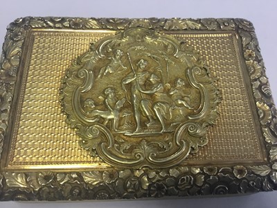 Lot 1 - Fine Georgian silver gilt presentation table snuff box of retangular form with romantic cartouche to lid decorated with huntsman and female admirer with hound and putti, engine turned ground with f...