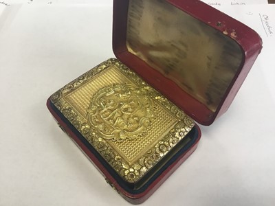 Lot 1 - Fine Georgian silver gilt presentation table snuff box of retangular form with romantic cartouche to lid decorated with huntsman and female admirer with hound and putti, engine turned ground with f...