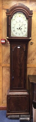 Lot 975 - George III 8 day long case clock with arched painted dial in inlaid mahogany 
case