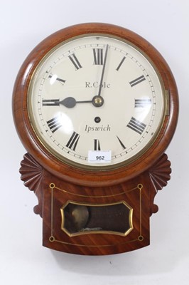 Lot 962 - Early 19th century drop dial wall clock by R. Cole of Ipswich, with 9” 
circular painted dial in carved mahogany and brass inlaid case