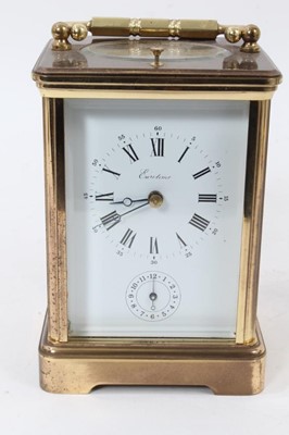 Lot 953 - 20th century French brass carriage clock with hour repeating eleven jewel 
movement and alarm mechanism in brass case