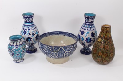 Lot 262 - Five pieces of Indian and Moroccan pottery, including a pair of vases, two others and a bowl