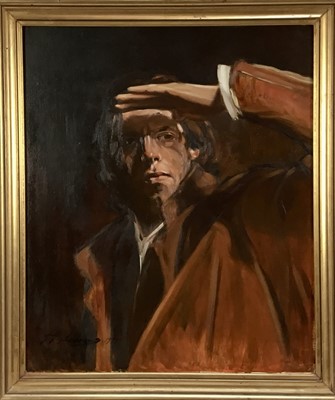 Lot 115 - Jeremy Andrews oil on board - self portrait with National Portrait gallery award label verso, together with an RM Simpson oil on board still life (2)