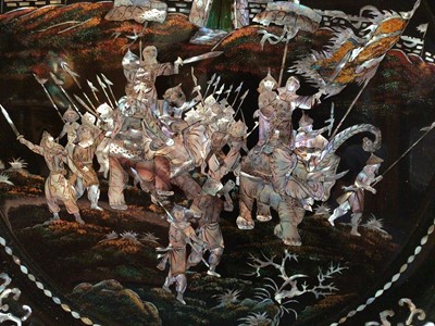 Lot 90 - Large Eastern mother of pearl inlaid dish decorated with warriors, with character marks around the edge, together with a similar box, possibly Chinese
