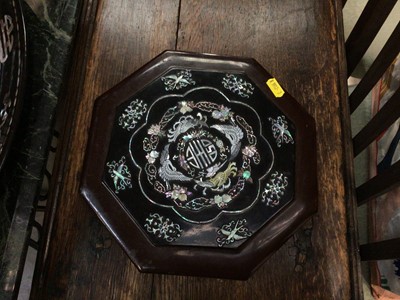Lot 90 - Large Eastern mother of pearl inlaid dish decorated with warriors, with character marks around the edge, together with a similar box, possibly Chinese