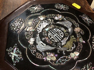 Lot 90 - Large Eastern mother of pearl inlaid dish decorated with warriors, with character marks around the edge, together with a similar box, possibly Chinese