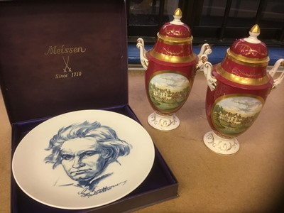 Lot 196 - Pair of Coalport vases and covers, together with a modern Meissen plate