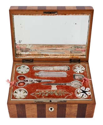 Lot 771 - 19th century French Palais Royal Sewing Box of rectangular form with rosewood and maple striped design with fitted interior