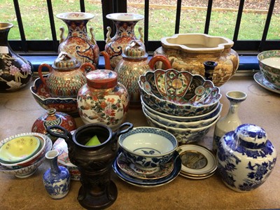 Lot 32 - Quantity of antique and later Japanese ceramics, including a large Satsuma bowl, Imari vases, etc, together with a bronze censer