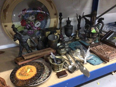 Lot 41 - Sundry antique and later items, including a Tunbridge ware cribbage board, watches, Eastern metal wares, Grand Tour style spelter figures, etc